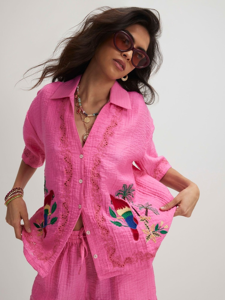 River Island Pink Parrot Embroidered Broderie Top - Image 2 of 4