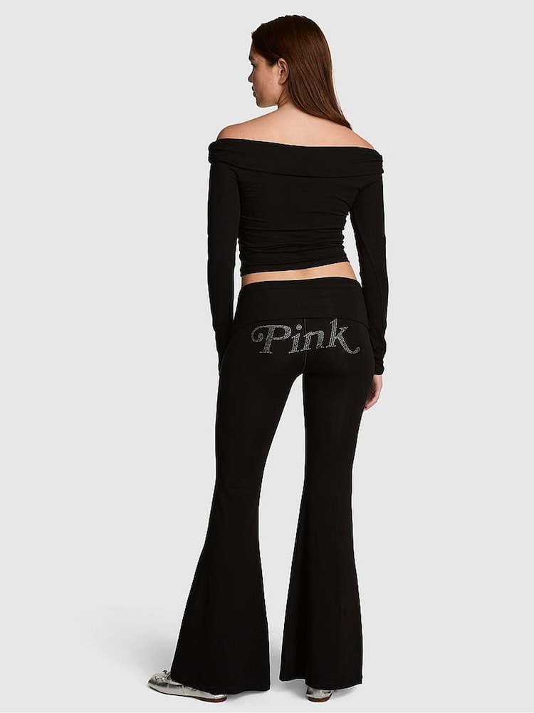 Victoria's Secret Pink Black Diamante Cotton Foldover Super Flare Leggings - Image 2 of 3 Victoria's Secret Pink Black Diamante Cotton Foldover Super Flare Leggings - Image 2 of 3