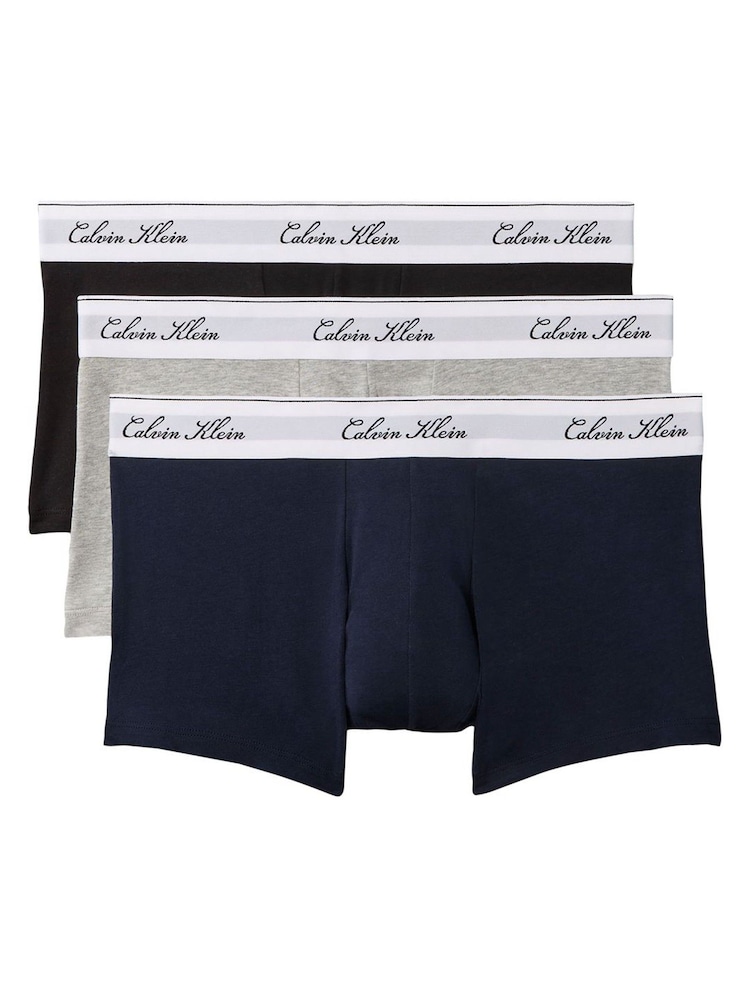 Calvin Klein Blue Low Rise Icon Cotton Stretch Trunks 3 Pack - Image 1 of 5 Calvin Klein Blue Low Rise Icon Cotton Stretch Trunks 3 Pack - Image 1 of 5