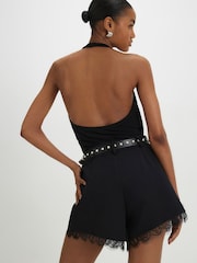 River Island Black Tolami Lace Trim Stud Belted Shorts - Image 2 of 4