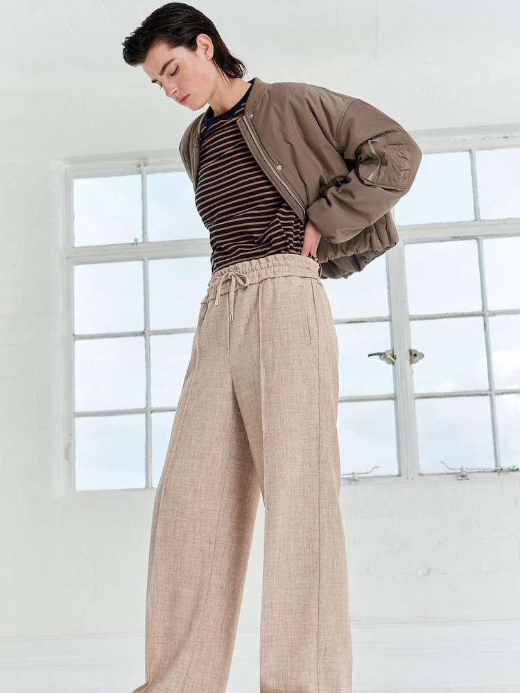 Beige Textured Elasticated Wide Leg Trousers - Image 1 of 6