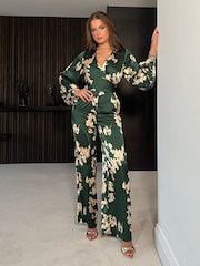 Girl In Mind Green Daisy Wrap Front Jumpsuit - Image 1 of 4