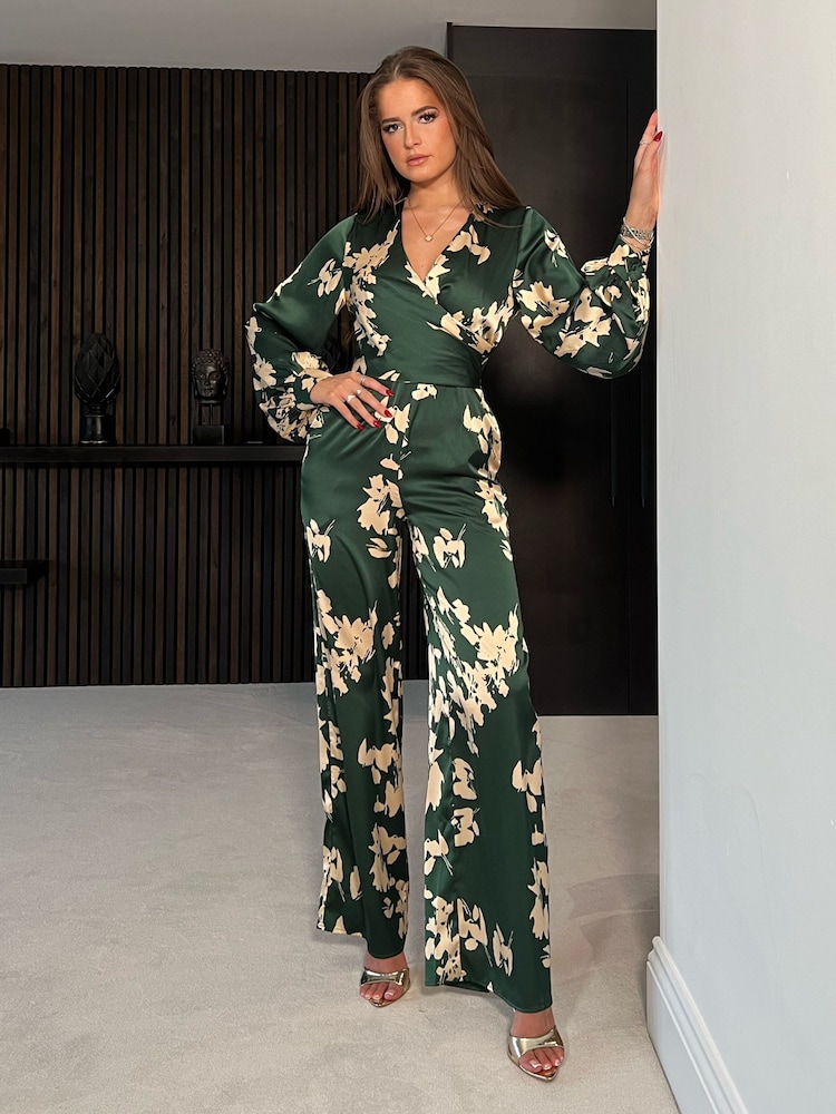 Girl In Mind Green Daisy Wrap Front Jumpsuit - Image 1 of 4