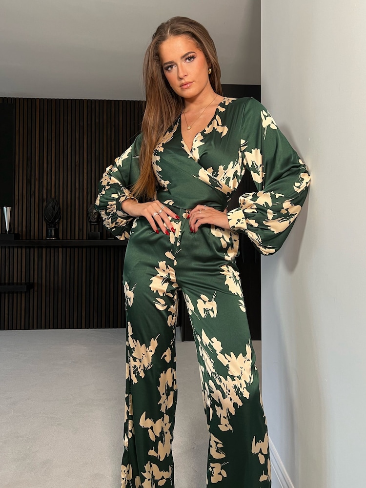 Girl In Mind Green Daisy Wrap Front Jumpsuit - Image 4 of 4