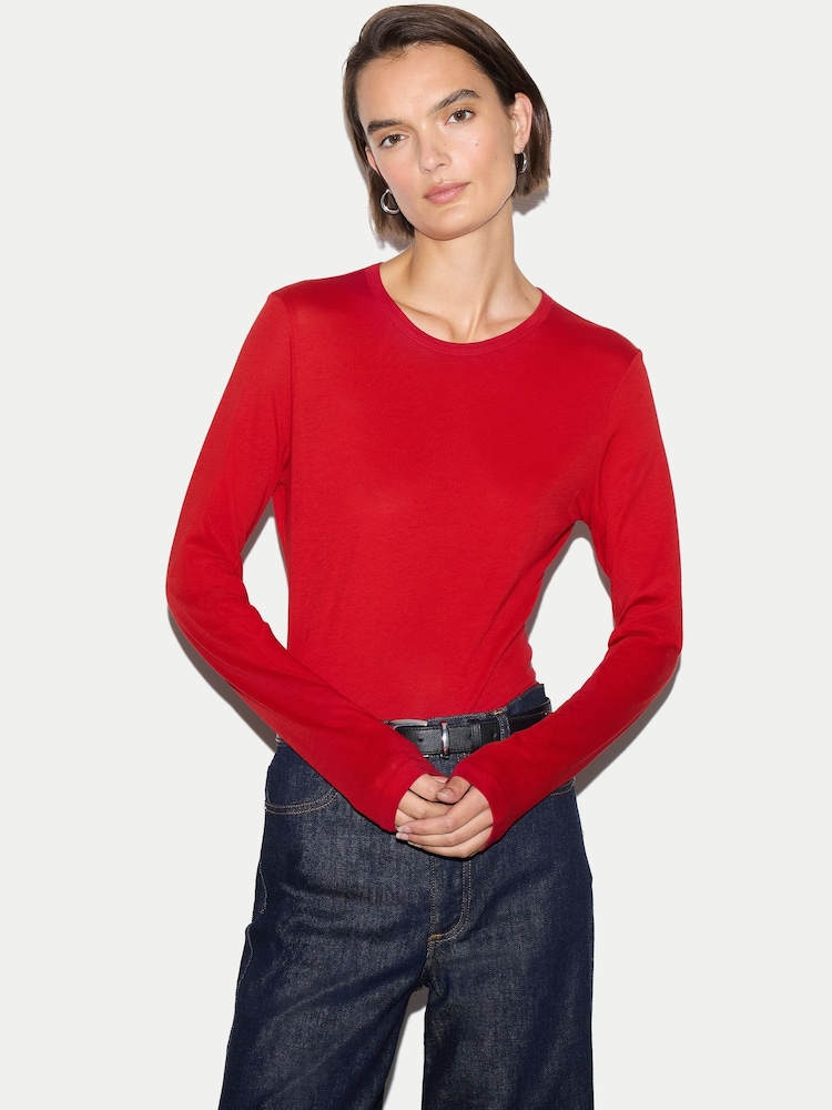 Jigsaw Bright Red Long Sleeve 100% Cotton Top - Image 1 of 3 Jigsaw Bright Red Long Sleeve 100% Cotton Top - Image 1 of 3