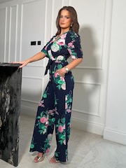Girl In Mind Blue Fizz Puff Sleeve Wide Leg Jumpsuit - Image 2 of 4