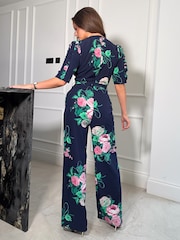 Girl In Mind Blue Fizz Puff Sleeve Wide Leg Jumpsuit - Image 4 of 4