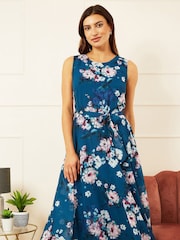 Yumi Blue Watercolour Floral Midi Skater Dress - Image 1 of 5