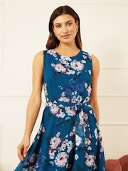Yumi Blue Watercolour Floral Midi Skater Dress - Image 2 of 5