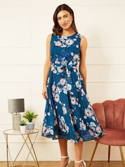 Yumi Blue Watercolour Floral Midi Skater Dress - Image 3 of 5