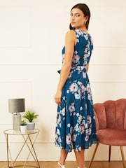 Yumi Blue Watercolour Floral Midi Skater Dress - Image 4 of 5