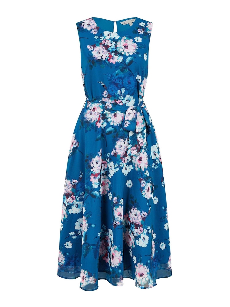 Yumi Blue Watercolour Floral Midi Skater Dress - Image 5 of 5