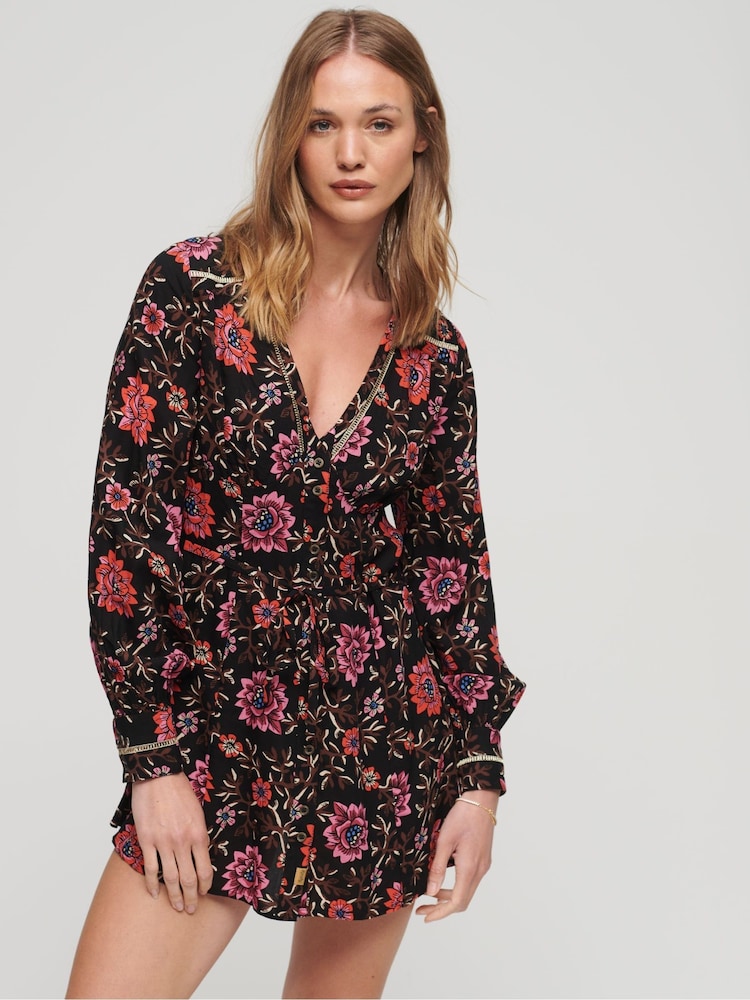 Superdry Brown Printed V-Neck Mini Tea Dress - Image 1 of 3