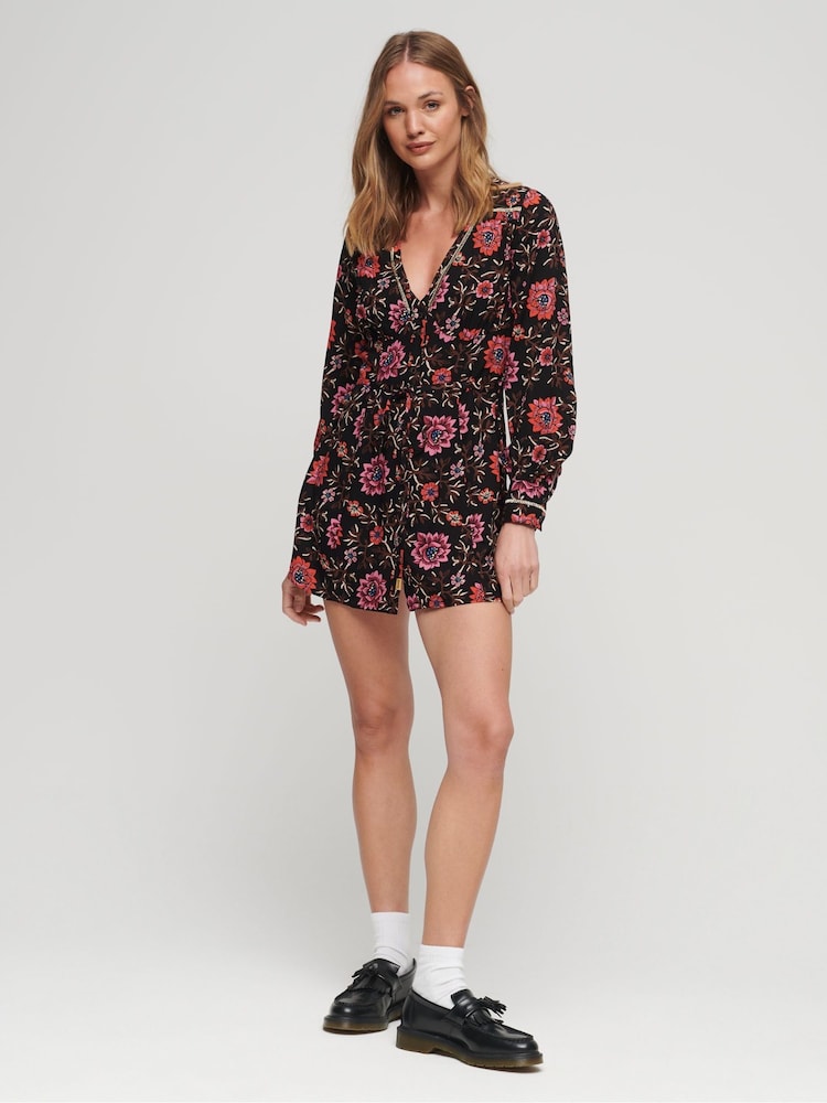 Superdry Brown Printed V-Neck Mini Tea Dress - Image 2 of 3 Superdry Brown Printed V-Neck Mini Tea Dress - Image 2 of 3