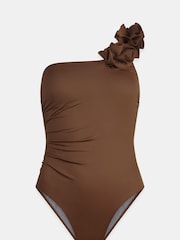 Mint Velvet Chocolate Brown Tummy Control Corsage One Shoulder Swimsuit - Image 5 of 6