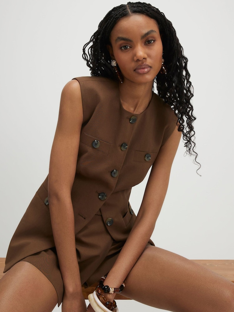 River Island Brown Tolami Sleeveless Millitary Nipped Waistcoat - Image 2 of 4 River Island Brown Tolami Sleeveless Millitary Nipped Waistcoat - Image 2 of 4