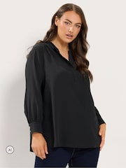 Yours Curve Black Half Placket Blouse - Image 1 of 6