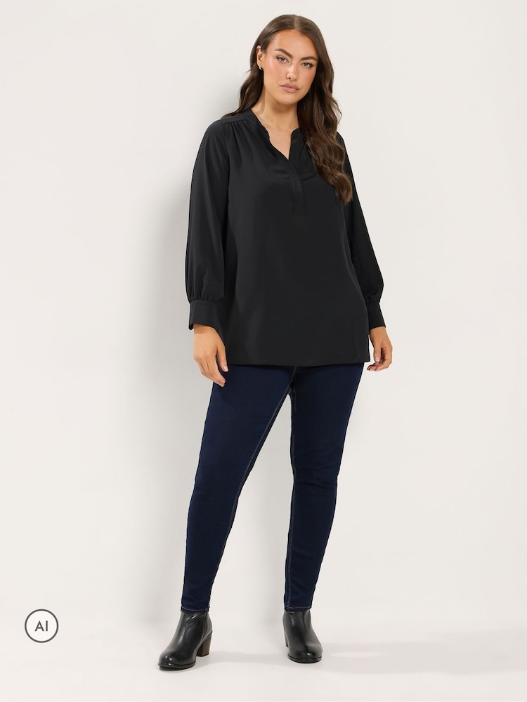 Yours Curve Black Half Placket Blouse - Image 2 of 6 Yours Curve Black Half Placket Blouse - Image 2 of 6