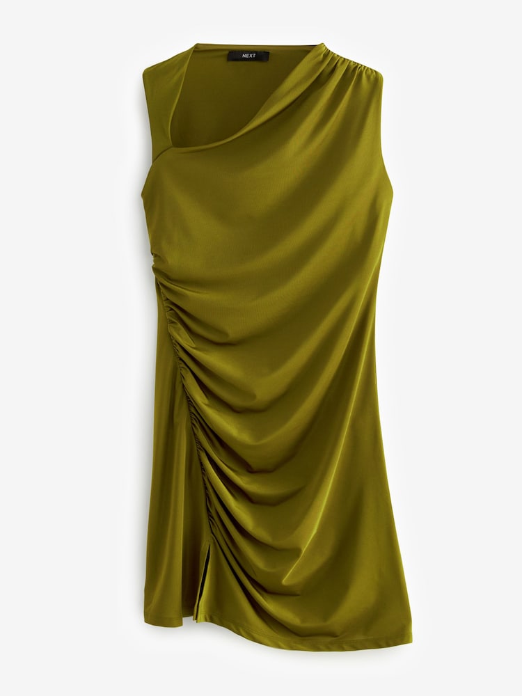 Olivgrün - Ärmelloses, gerafftes Minikleid mit asymmetrischem Design - Bild 6 von 6 Olivgrün - Ärmelloses, gerafftes Minikleid mit asymmetrischem Design - Bild 6 von 6