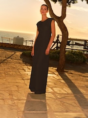 Black Twist Front Sleeveless Textured Jersey Maxi Summer Dress - Image 1 of 9