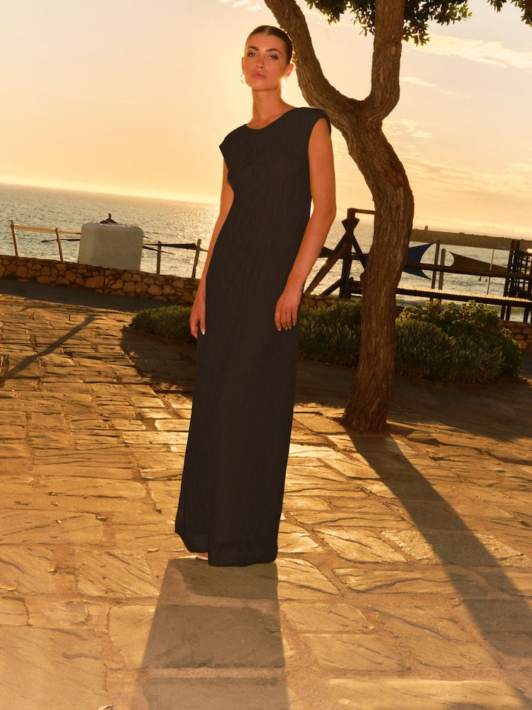 Black Twist Front Sleeveless Textured Jersey Maxi Summer Dress - Image 1 of 9