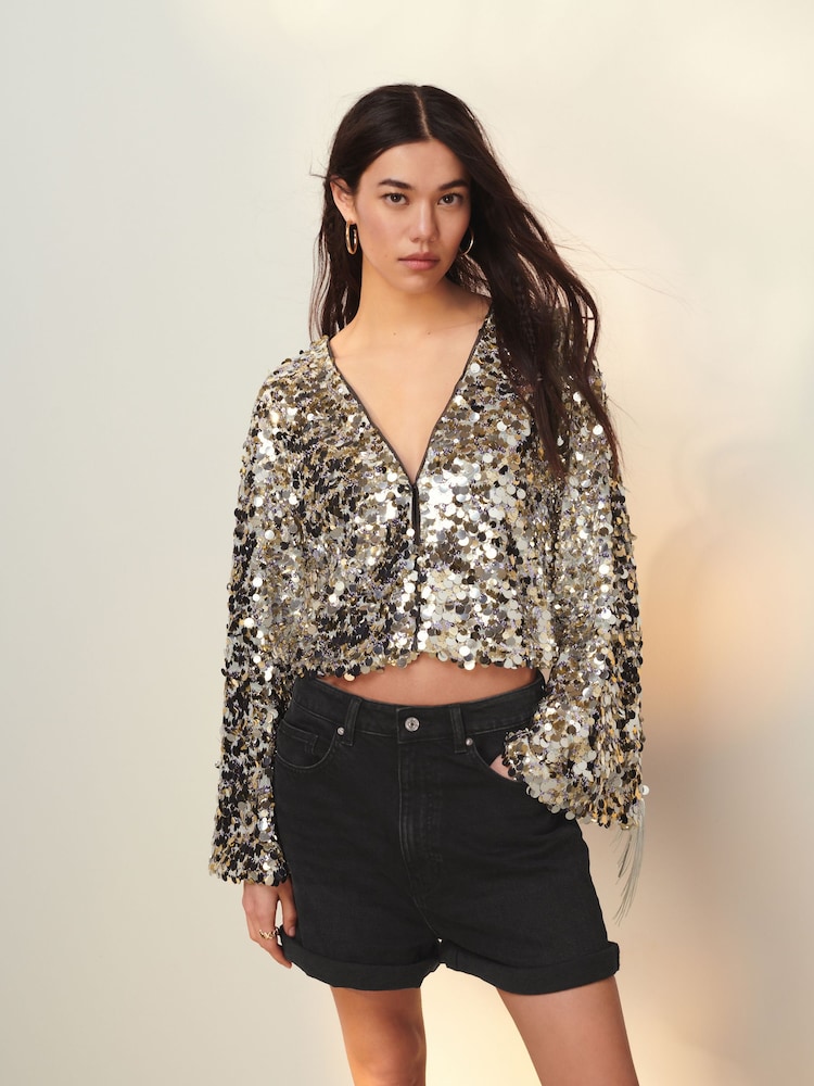 Silver Sequin Fringe Kimono Jacket - Image 1 of 6