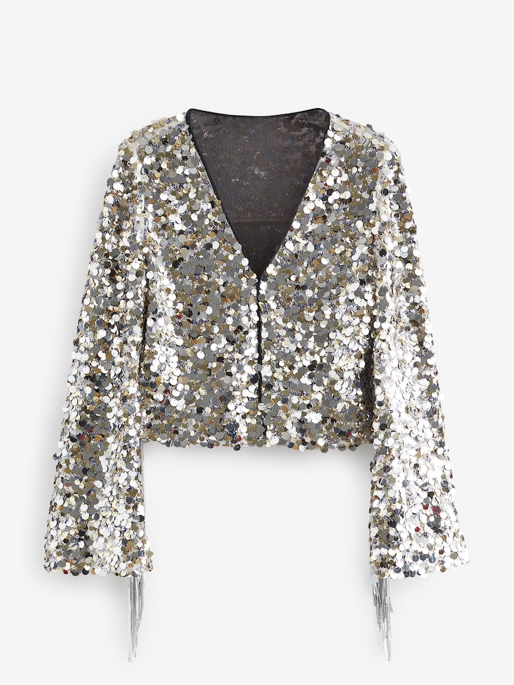Silver Sequin Fringe Kimono Jacket - Image 3 of 6