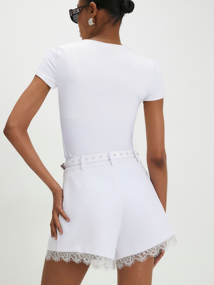 River Island White Tolami Lace Trim Stud Belted Shorts - Image 4 of 4 River Island White Tolami Lace Trim Stud Belted Shorts - Image 4 of 4
