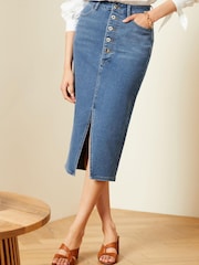 Mittelblau - Love & Roses Geknöpfter Denim-Maxirock mit Schlitz vorn - Bild 1 von 4