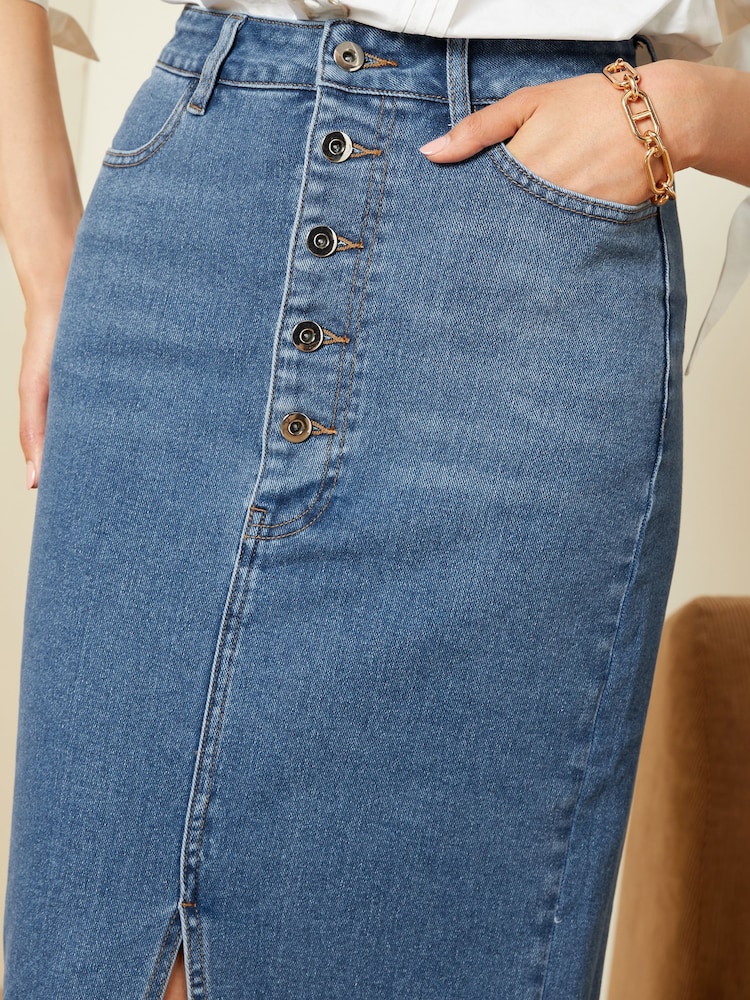 Mittelblau - Love & Roses Geknöpfter Denim-Maxirock mit Schlitz vorn - Bild 2 von 4