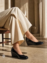 Novo Black Wide Fit Iris Round Toe Mid Wedge Court Shoes - Image 1 of 6