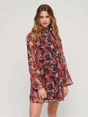 Superdry Pink Print Flare Sleeve Mini Dress - Image 1 of 5