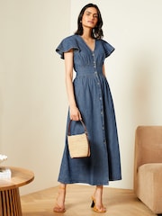 Love & Roses Durchgeknöpftes Denim-Kleid mit Flatterärmeln - Bild 1 von 4