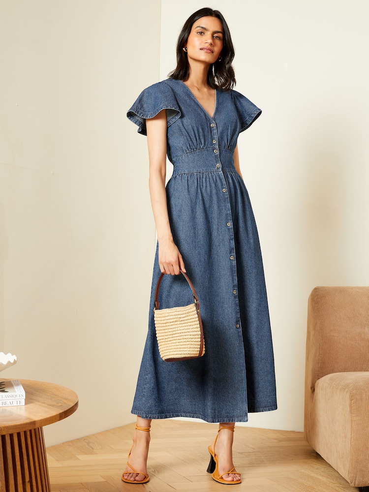 Love & Roses Durchgeknöpftes Denim-Kleid mit Flatterärmeln - Bild 1 von 4