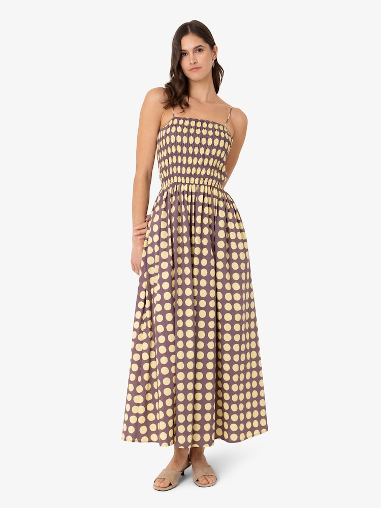Amy Lynn Yellow Darcy and Aubergine Contrast  Smocked Polkadot Midi Dress - Image 1 of 3