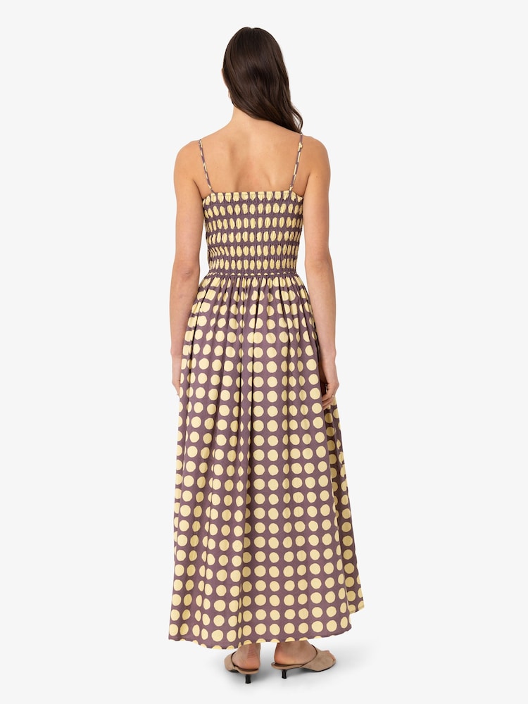 Amy Lynn Yellow Darcy and Aubergine Contrast  Smocked Polkadot Midi Dress - Image 2 of 3
