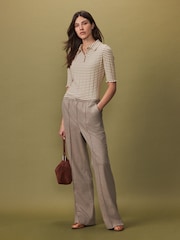 Beige Brushed Elasticated Waist Wide Leg Trousers - Image 1 of 8