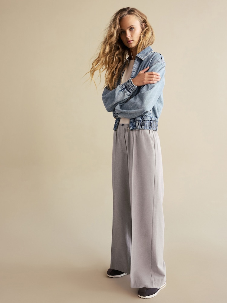 Grey Brushed Elasticated Waist Wide Leg Trousers - Image 2 of 7