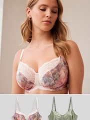 Aquarelle rose à fleurs imprimé/vert sauge - DD+ Non Pad Wired Full Cup Microfibre Lace Bra - Image 1 of 10