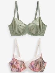 Aquarelle rose à fleurs imprimé/vert sauge - DD+ Non Pad Wired Full Cup Microfibre Lace Bra - Image 7 of 10