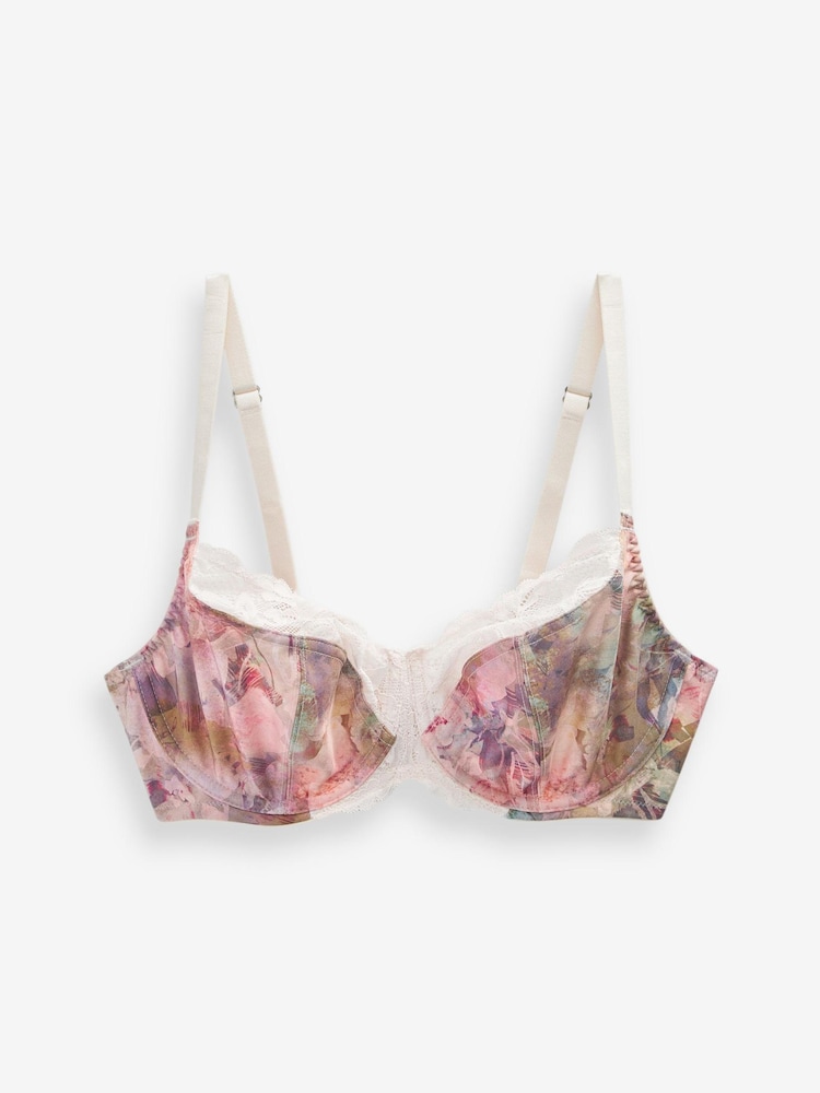 Aquarelle rose à fleurs imprimé/vert sauge - DD+ Non Pad Wired Full Cup Microfibre Lace Bra - Image 8 of 10