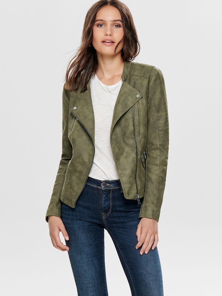 ONLY Green Collarless Faux Leather Biker Jacket - Image 1 of 6