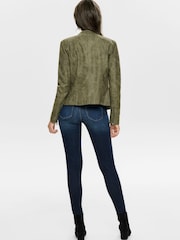ONLY Green Collarless Faux Leather Biker Jacket - Image 2 of 6