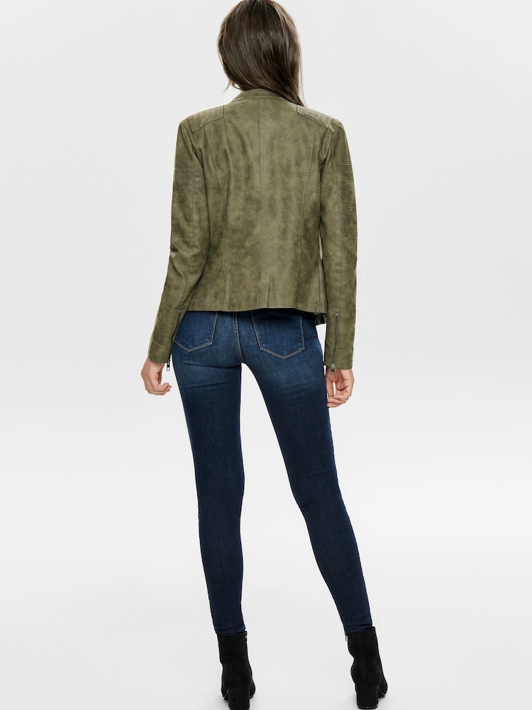ONLY Green Collarless Faux Leather Biker Jacket - Image 2 of 6
