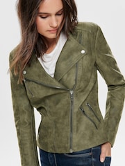 ONLY Green Collarless Faux Leather Biker Jacket - Image 4 of 6
