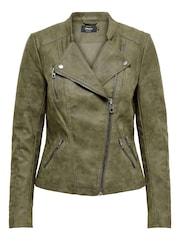 ONLY Green Collarless Faux Leather Biker Jacket - Image 5 of 6