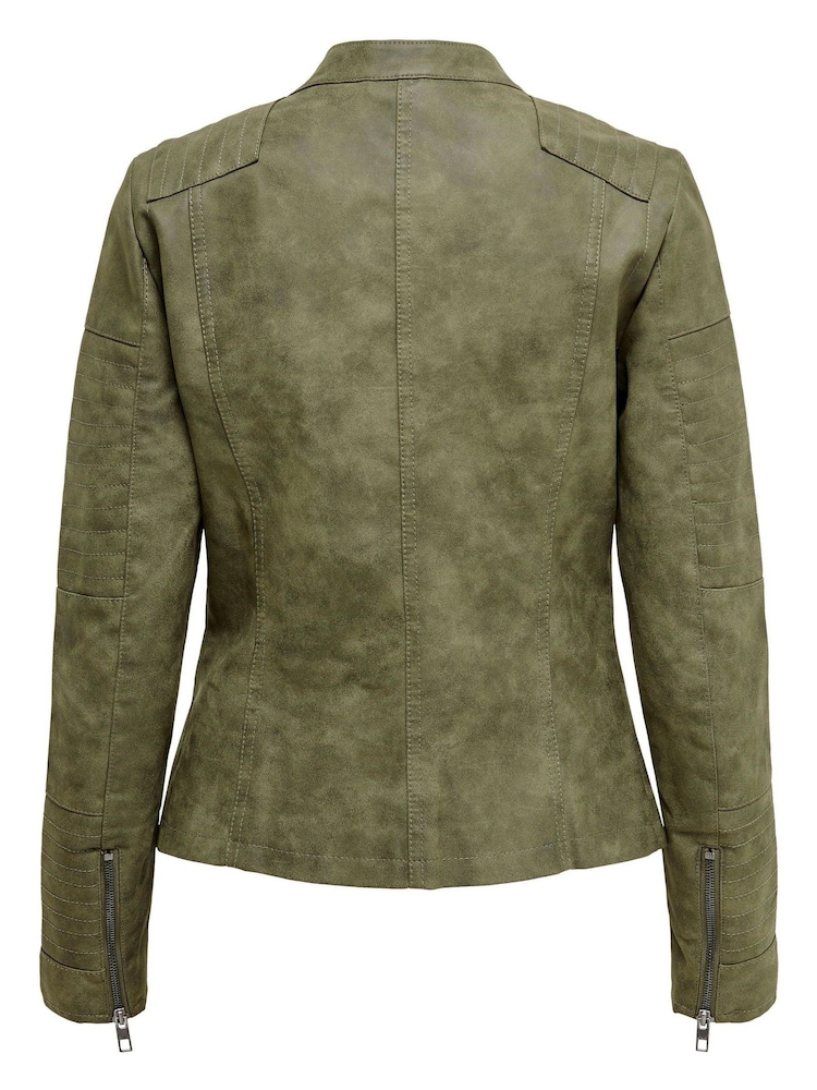 ONLY Green Collarless Faux Leather Biker Jacket - Image 6 of 6