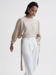 Reiss Champagne Imogen Blouson Style Cropped Blouse - Image 1 of 5