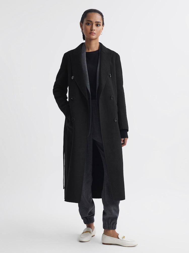 Reiss Black Arla Relaxed Wool Blend Blindseam Belted Coat - Image 1 of 7