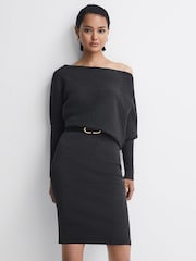Reiss Charcoal Lara Off-The-Shoulder Ribbed Midi Dress - Image 1 of 4